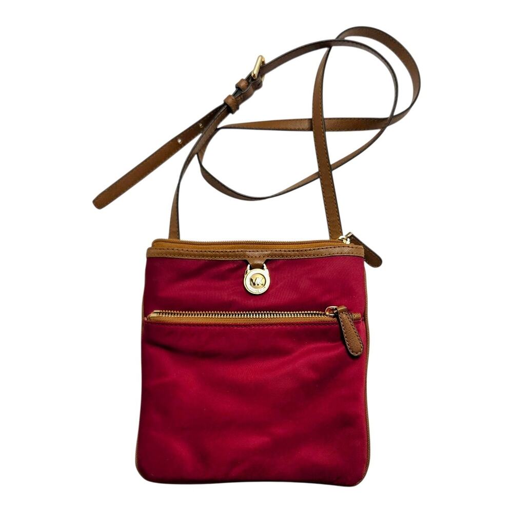 Michael Kors Kempton Crossbody Bag Womens Maroon Leather Trim Adjustable Strap